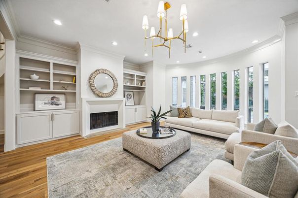 Chandelier, Fireplace, Interior, Living room, Recessed Lighting, Wood Texture Flooring