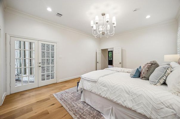 Bedroom, Chandelier, Interior, Recessed Lighting, Wood Texture Flooring