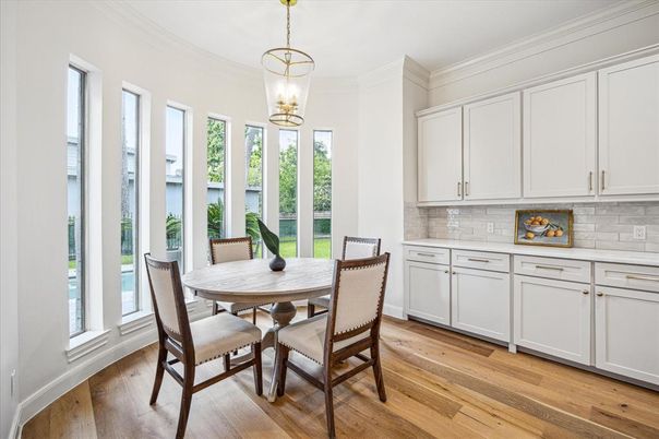 Dining room, Interior, Pendant Lights, Wood Texture Flooring