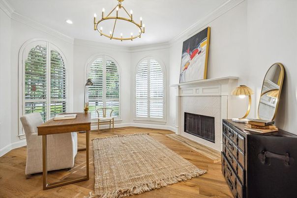 Chandelier, Fireplace, Home Office, Interior, Pendant Lights, Recessed Lighting, Wood Texture Flooring