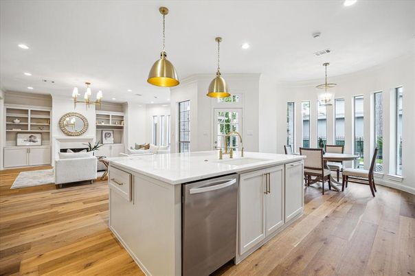 Dining room, Interior, Kitchen, Living room, Pendant Lights, Recessed Lighting, Stainless Steel Appliances, Wood Texture Flooring