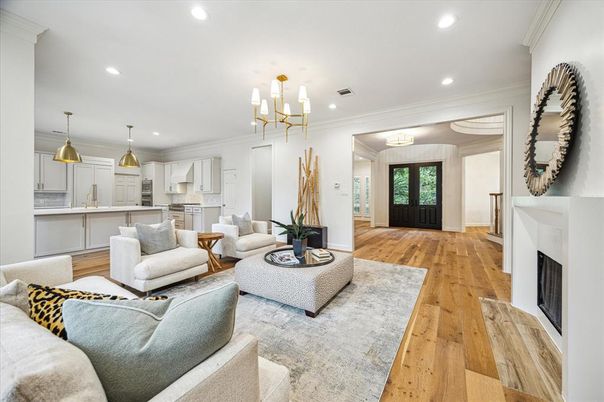 Fireplace, Interior, Kitchen, Living room, Pendant Lights, Recessed Lighting, Wood Texture Flooring