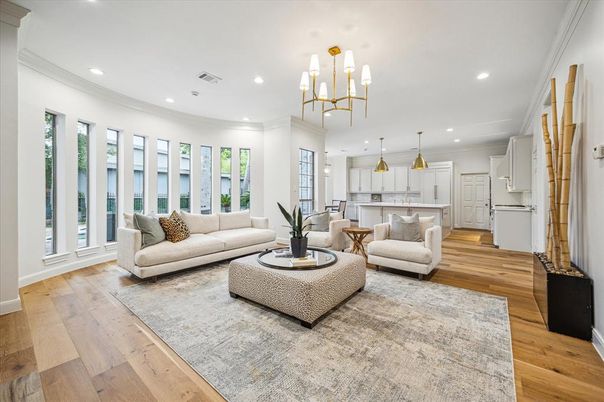 Interior, Kitchen, Living room, Pendant Lights, Recessed Lighting, Wood Texture Flooring