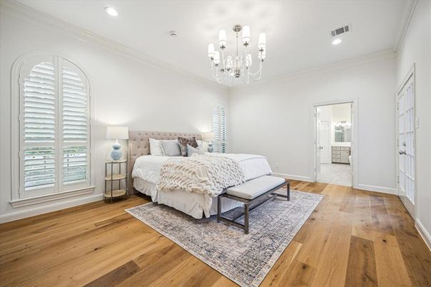Bedroom, Chandelier, Interior, Recessed Lighting, Wood Texture Flooring