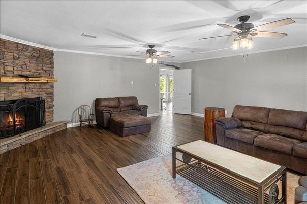 Fireplace, Interior, Living room, Stone Walls, Wood Texture Flooring