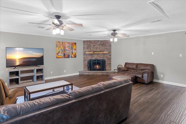 Fireplace, Interior, Living room, Stone Walls, Wood Texture Flooring
