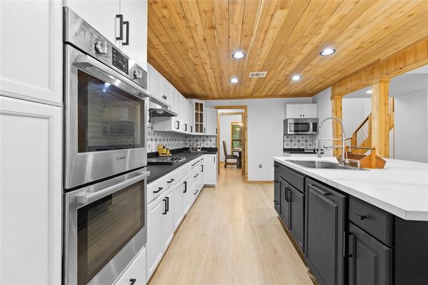 Interior, Kitchen, Recessed Lighting, Stainless Steel Appliances, Wooden Ceilings, Wood Texture Flooring