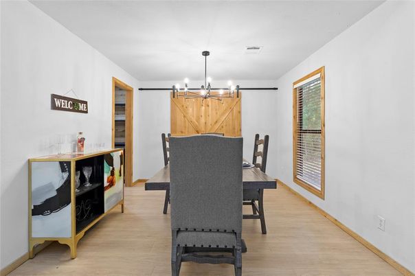 Dining room, Interior, Pendant Lights, Wood Texture Flooring