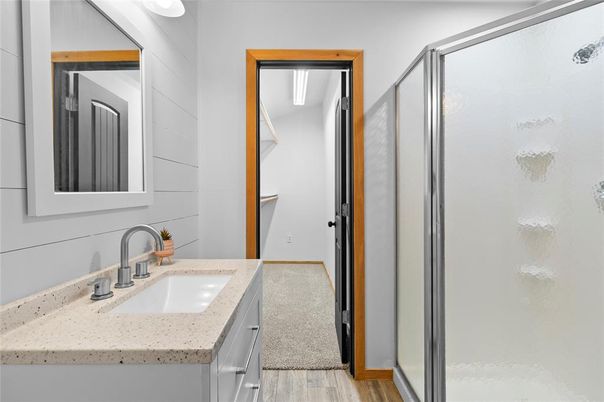 Bathroom, Glass Shower, Interior, Wood Texture Flooring
