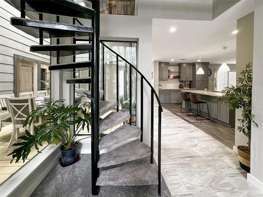 Interior, Kitchen, Marble, Pendant Lights, Recessed Lighting, Wood Texture Flooring