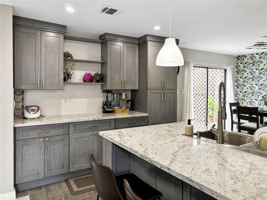 Interior, Kitchen, Pendant Lights, Recessed Lighting, Wood Texture Flooring