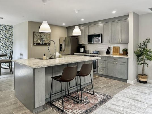 Interior, Kitchen, Pendant Lights, Recessed Lighting, Stainless Steel Appliances, Wood Texture Flooring
