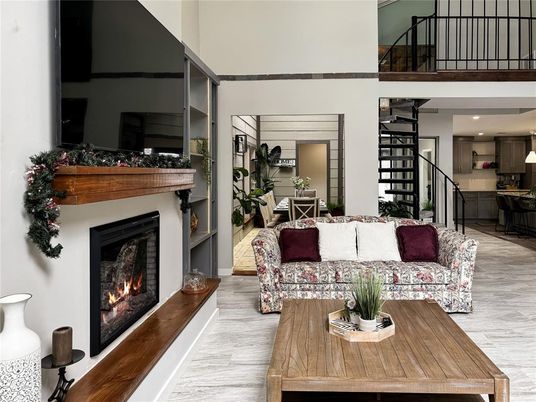 Fireplace, Interior, Living room, Recessed Lighting, Wood Texture Flooring
