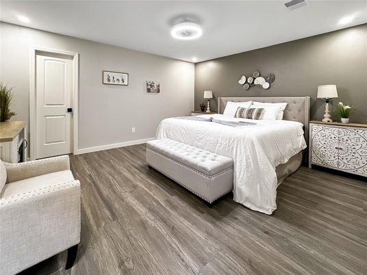 Bedroom, Interior, Recessed Lighting, Wood Texture Flooring