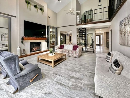 Fireplace, Interior, Living room, Recessed Lighting, Wood Texture Flooring