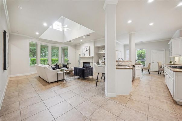 Dining room, Fireplace, Interior, Kitchen, Living room, Recessed Lighting
