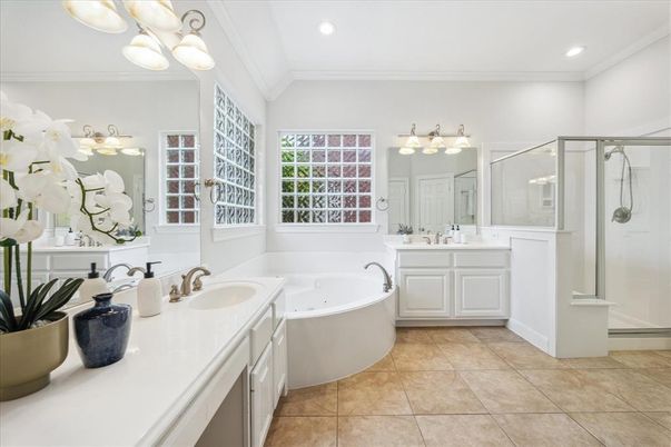 Bathroom, Dual Sink Vanities, Glass Shower, Interior, Recessed Lighting