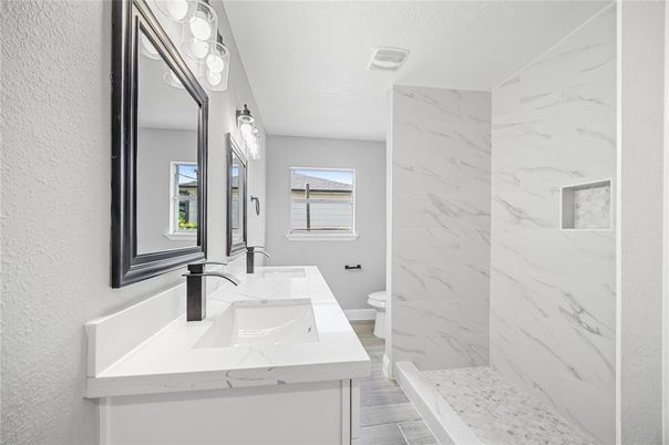 Bathroom, Interior, Marble Walls, Wood Texture Flooring