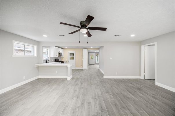 Empty room, Interior, Kitchen, Recessed Lighting, Wood Texture Flooring