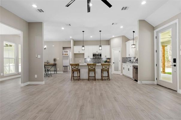 Interior, Kitchen, Pendant Lights, Recessed Lighting, Stainless Steel Appliances, Wood Texture Flooring