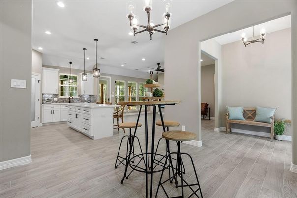 Chandelier, Interior, Kitchen, Pendant Lights, Recessed Lighting, Wood Texture Flooring