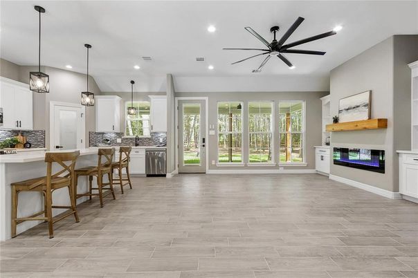 Fireplace, Interior, Kitchen, Pendant Lights, Recessed Lighting, Wood Texture Flooring