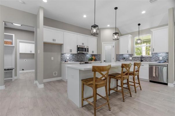 Interior, Kitchen, Pendant Lights, Recessed Lighting, Stainless Steel Appliances, Wood Texture Flooring