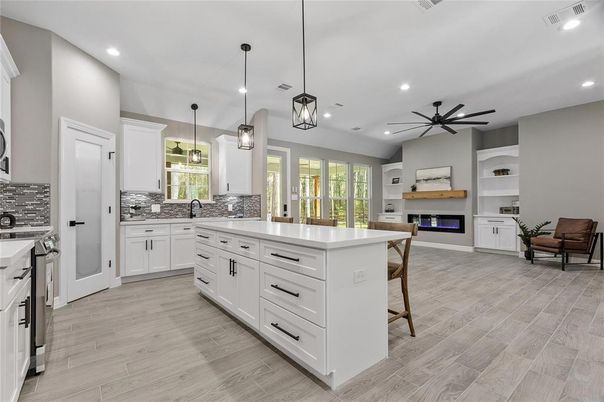 Fireplace, Interior, Kitchen, Pendant Lights, Recessed Lighting, Wood Texture Flooring