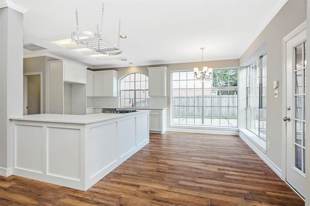 Chandelier, Interior, Kitchen, Pendant Lights, Recessed Lighting, Wood Texture Flooring