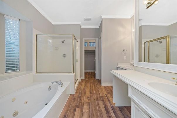 Bathroom, Glass Shower, Interior, Wood Texture Flooring