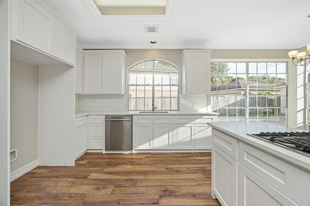 Interior, Kitchen, Recessed Lighting, Stainless Steel Appliances, Wood Texture Flooring