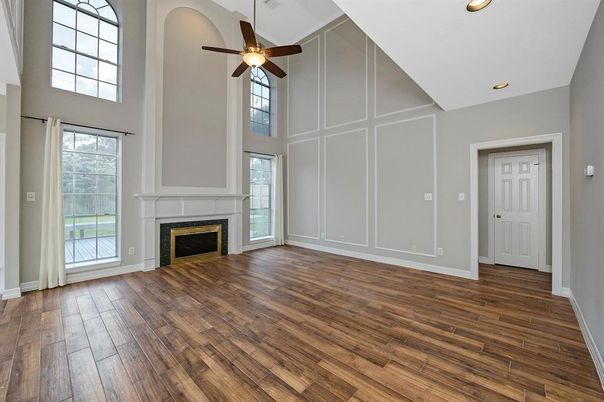 Empty room, Fireplace, Interior, Recessed Lighting, Wood Texture Flooring