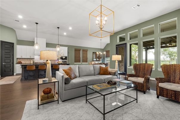 Chandelier, Dining room, Interior, Kitchen, Living room, Pendant Lights, Recessed Lighting, Wood Texture Flooring