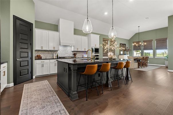 Dining room, Interior, Kitchen, Pendant Lights, Recessed Lighting, Wood Texture Flooring