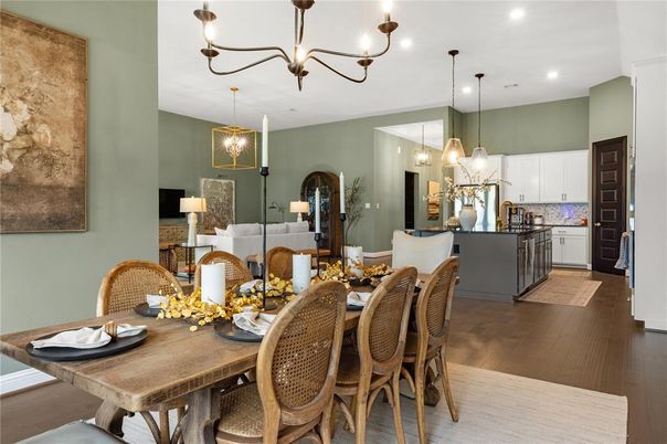 Chandelier, Dining room, Interior, Kitchen, Pendant Lights, Recessed Lighting, Wood Texture Flooring