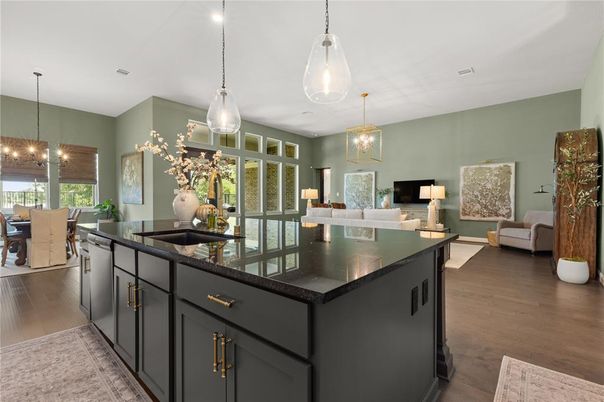 Dining room, Interior, Kitchen, Living room, Pendant Lights, Recessed Lighting, Wood Texture Flooring