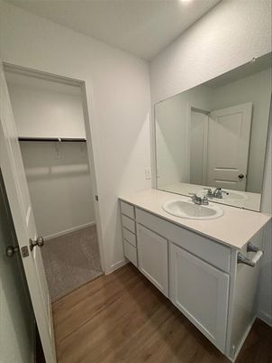 Bathroom, Dual Sink Vanities, Interior, Recessed Lighting, Wood Texture Flooring