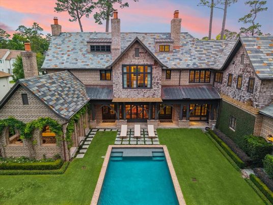 Backyard, Exterior, Facade, Brick Facade, Pool, Tudor Revival