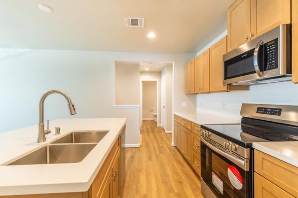 Interior, Kitchen, Recessed Lighting, Stainless Steel Appliances, Wood Texture Flooring