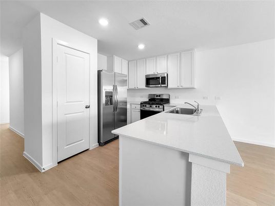 Interior, Kitchen, Recessed Lighting, Stainless Steel Appliances, Wood Texture Flooring