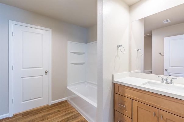 Bathroom, Dual Sink Vanities, Interior, Wood Texture Flooring