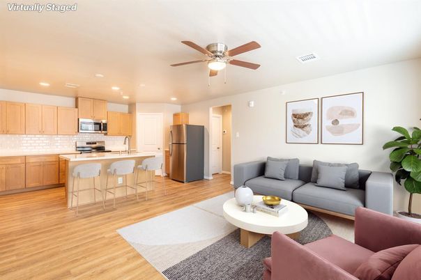 Interior, Kitchen, Living room, Recessed Lighting, Stainless Steel Appliances, Wood Texture Flooring