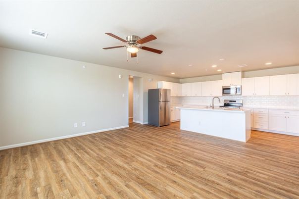 Empty room, Interior, Kitchen, Recessed Lighting, Wood Texture Flooring