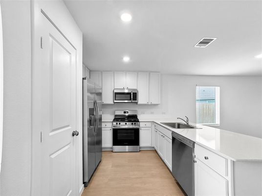 Interior, Kitchen, Recessed Lighting, Stainless Steel Appliances, Wood Texture Flooring