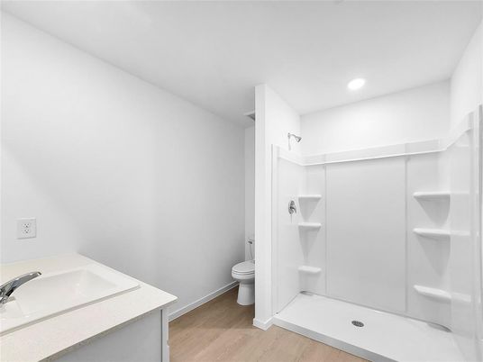 Bathroom, Interior, Recessed Lighting, Wood Texture Flooring