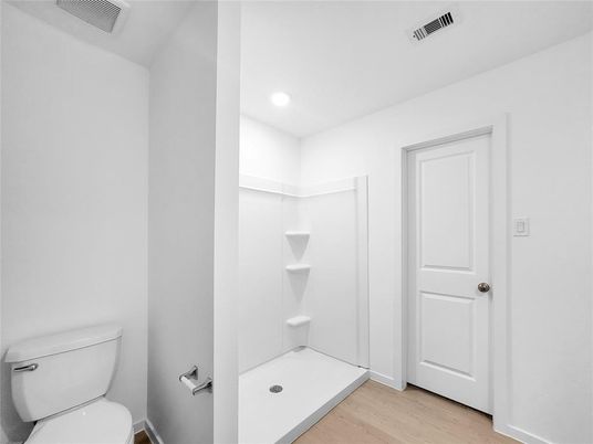 Bathroom, Glass Shower, Interior, Recessed Lighting, Wood Texture Flooring