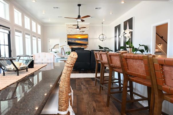 Interior, Living room, Pendant Lights, Recessed Lighting, Stone Walls, Wood Texture Flooring