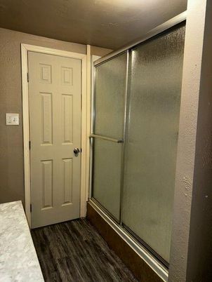 Bathroom, Glass Shower, Interior, Wood Texture Flooring