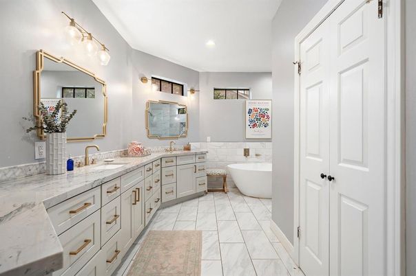 Bathroom, Dual Sink Vanities, Free Standing Baths, Interior, Marble, Recessed Lighting