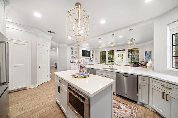Interior, Kitchen, Pendant Lights, Recessed Lighting, Stainless Steel Appliances, Wood Texture Flooring